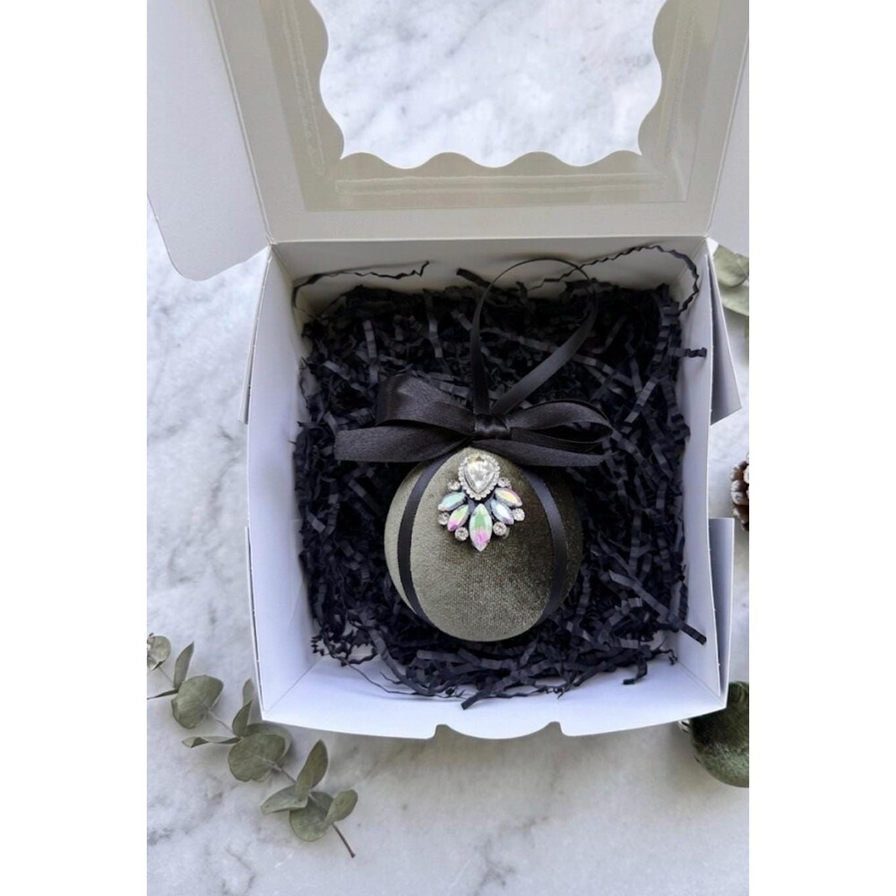 Handmade Luxe Olive Green Velvet Bauble with a Bow and Bling in Gift Box